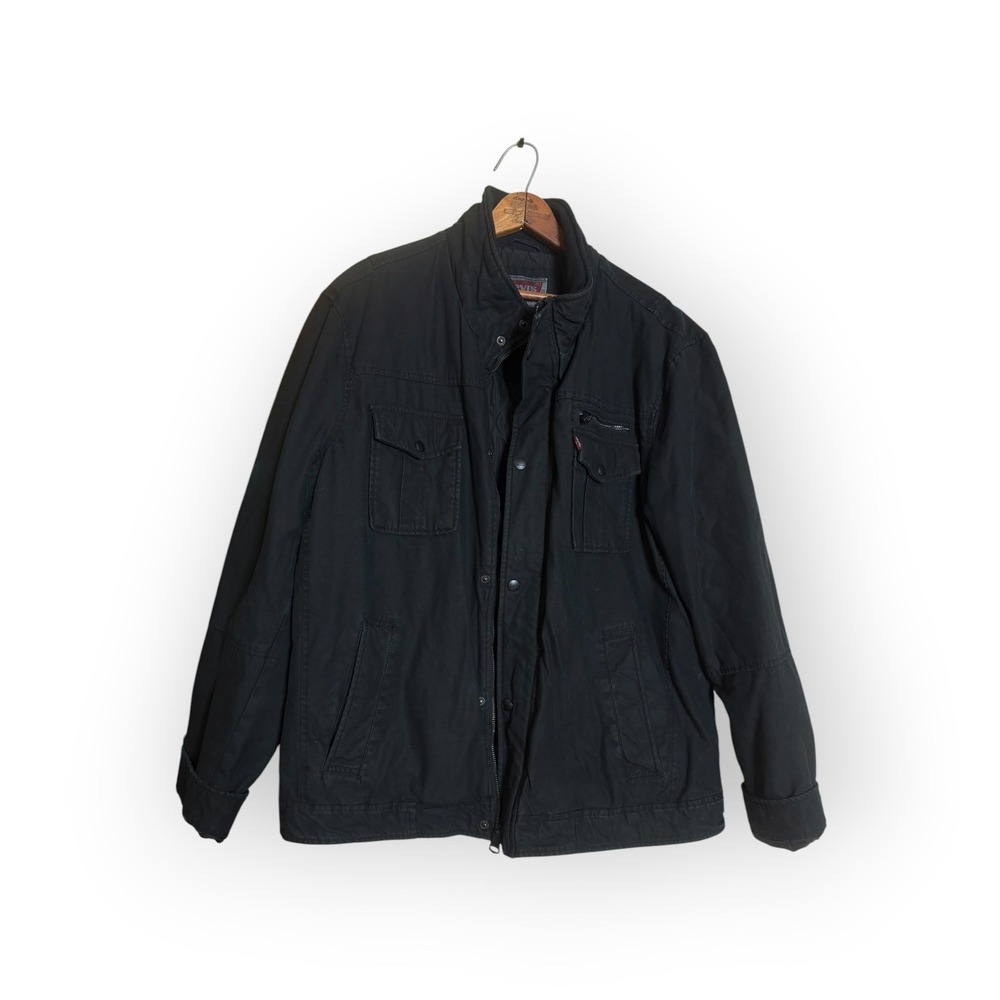 Levis Mens Black Cotton Canvas Quilted Lined Field Jacket Utility Coat Large - Picture 2 of 9